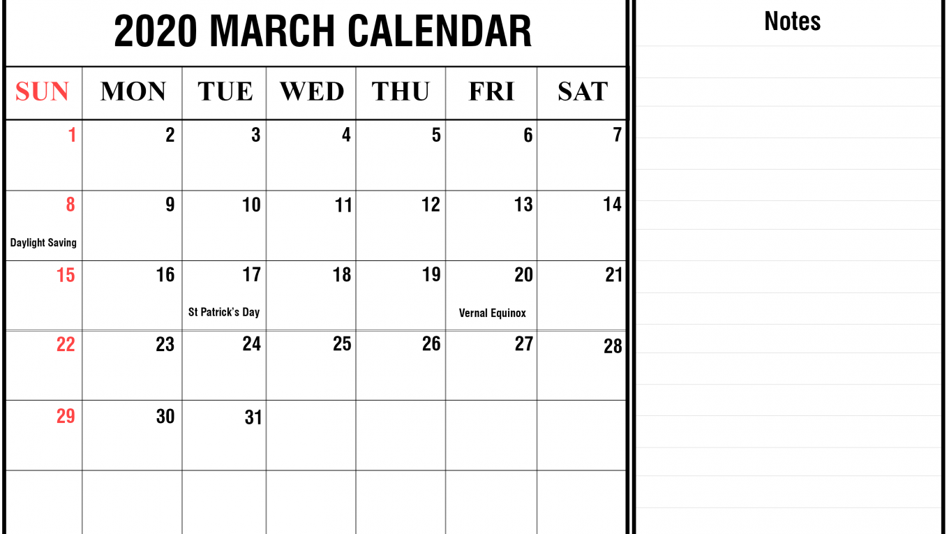 Blank March Calendar 2020 Templates