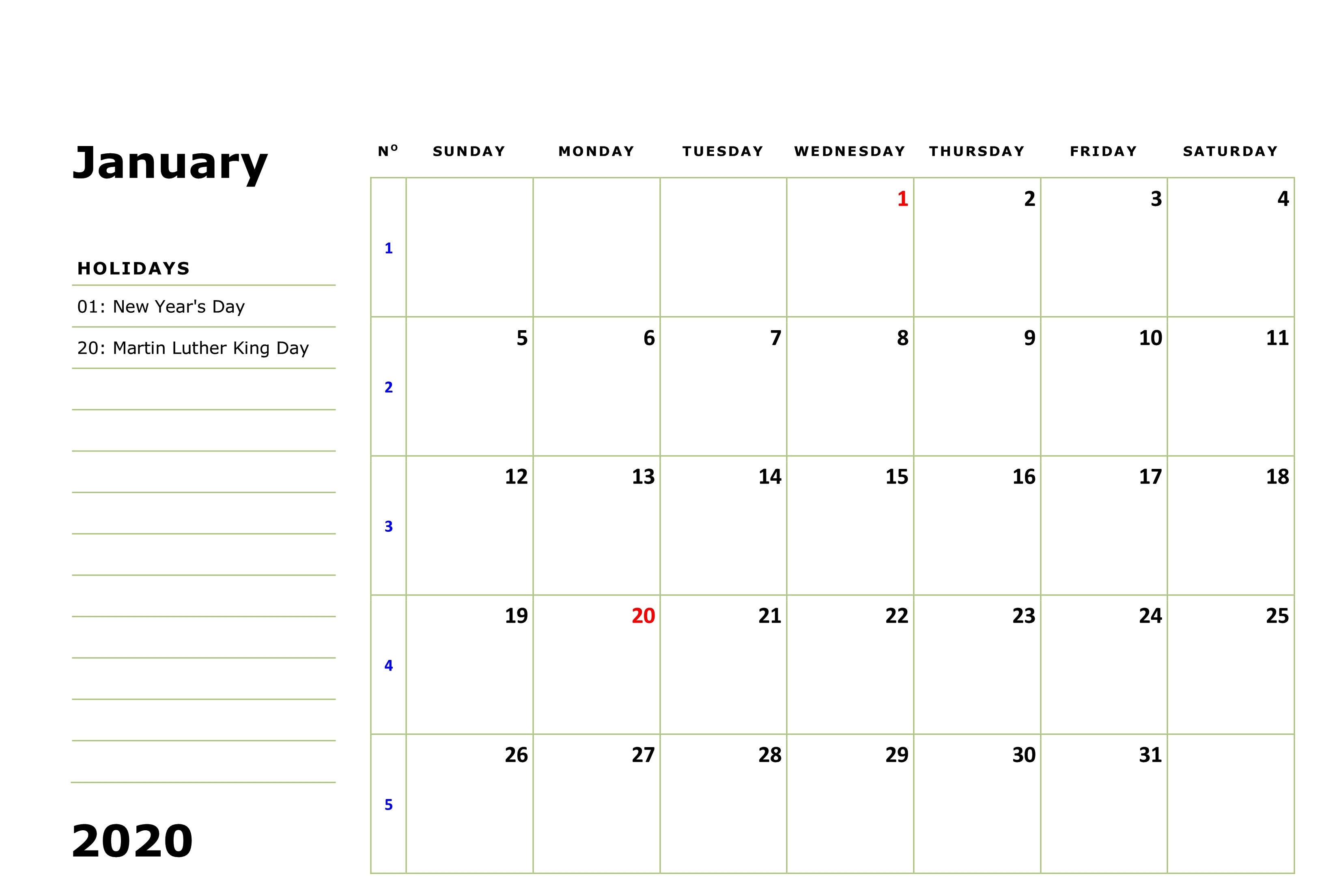 January 2020 Calendar Holidays