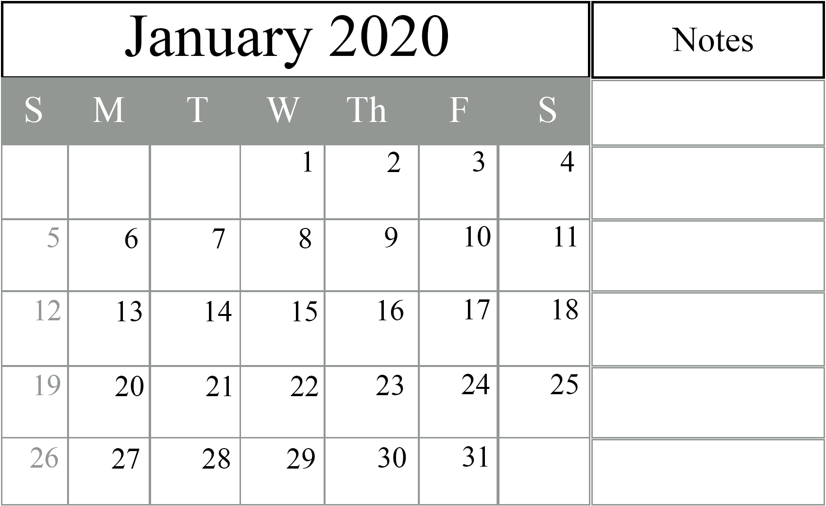 January 2020 Editable Calendar with Notes