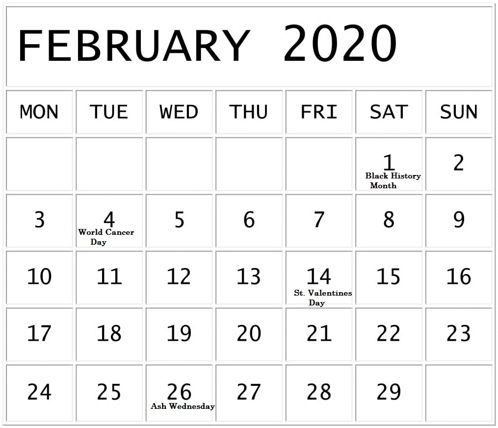 Free February 2020 Calendar With National Holidays